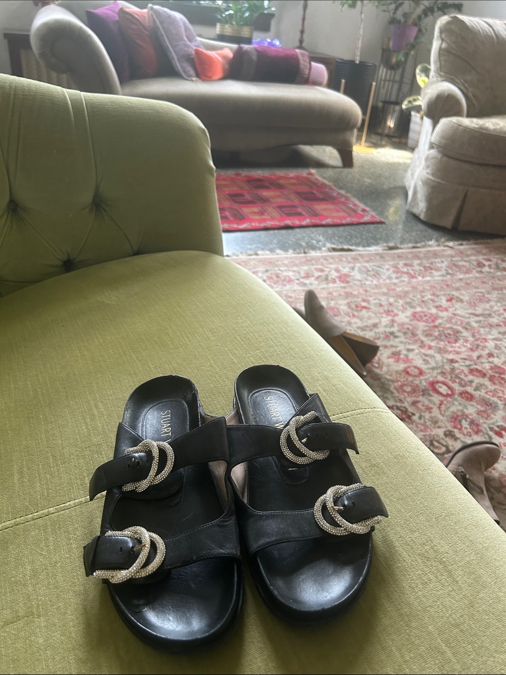 Stuart Weitzman Black Slide Sandals with Crystal-Accent Buckles